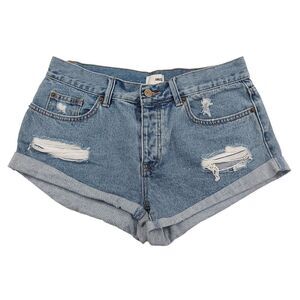 Amuse Society Jean Shorts Womens 28 Blue Cuffed Distressed Button Fly Cotton